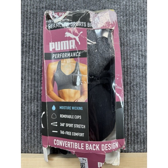 Puma Sports Bra Small Black Gray Seamless‎ Performance Racerback Stretch 2 Pack - Picture 1 of 7